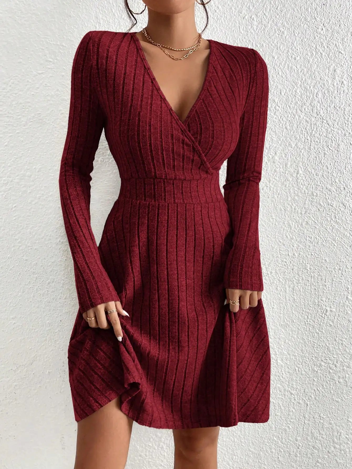 V-neck A-line Knit Dress
