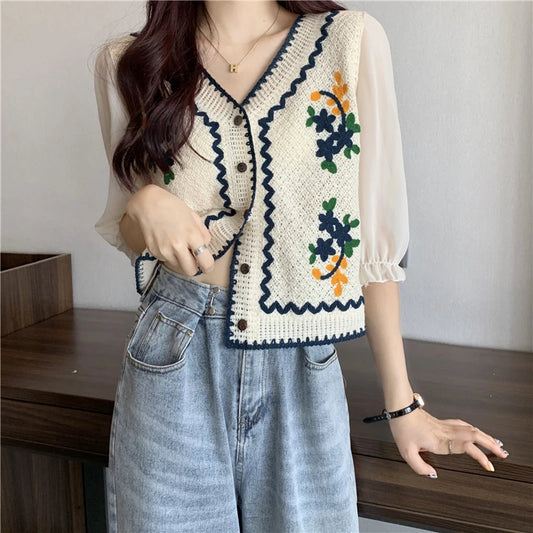 Flower Embroidery Crochet  Chiffon Sleeve  Top