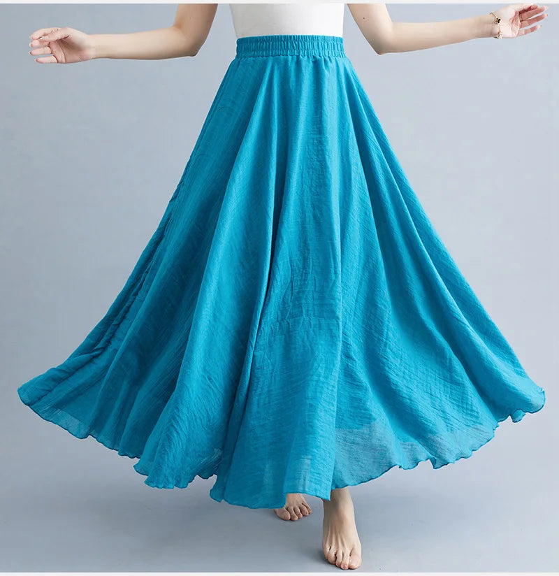 Cotton Linen Dress Elastic Waist Long Skirts
