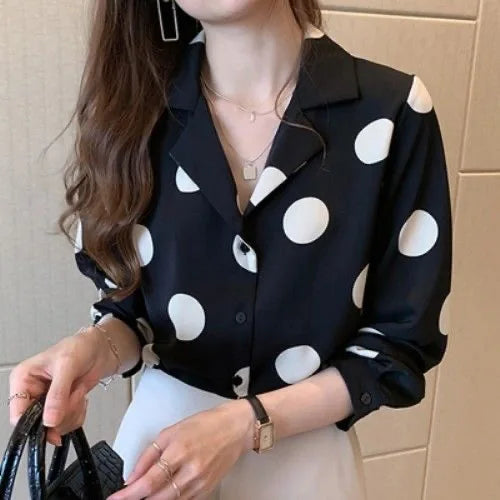 Polka Dot Elegant Lapel Button-up Blouse