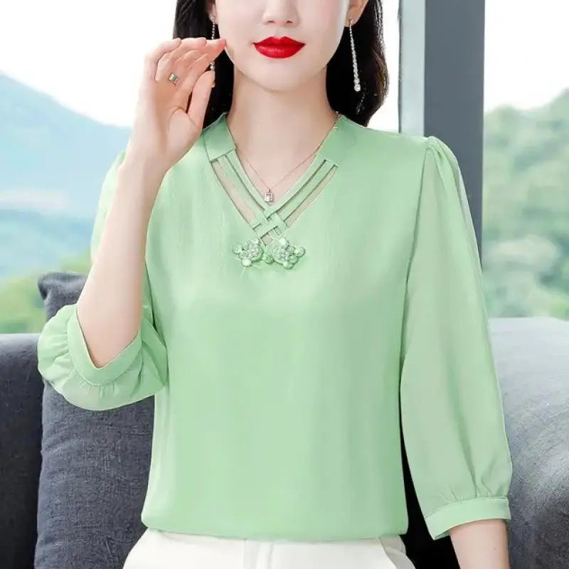 V Neck  3/4 Sleeve Pullovers Chiffon Blouse