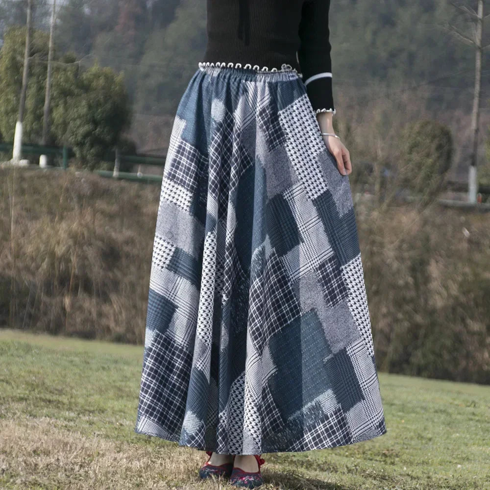 Cotton Linen Print Long Skirt Vintage