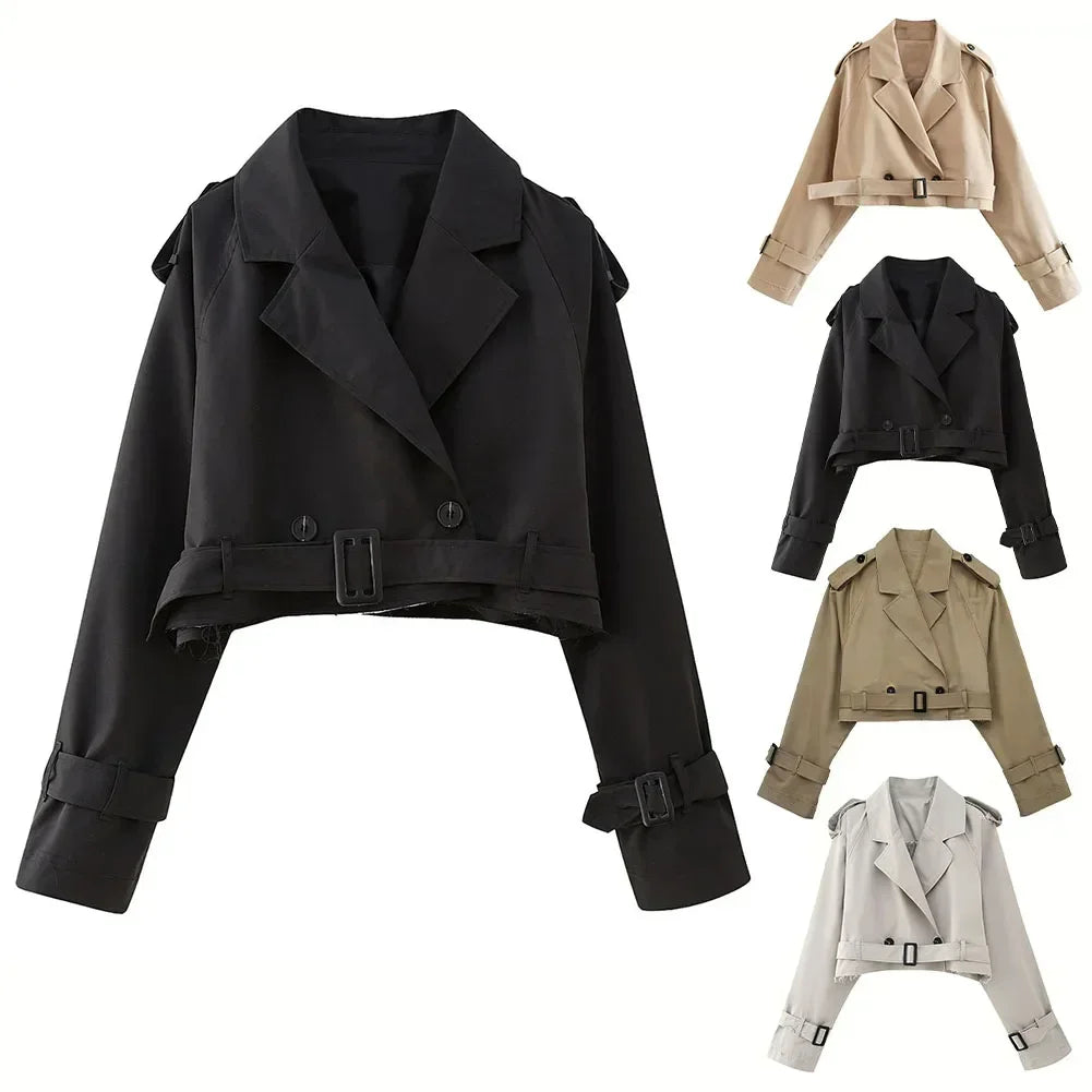 Cropped Long Sleeve Double Breasted Trench Coat