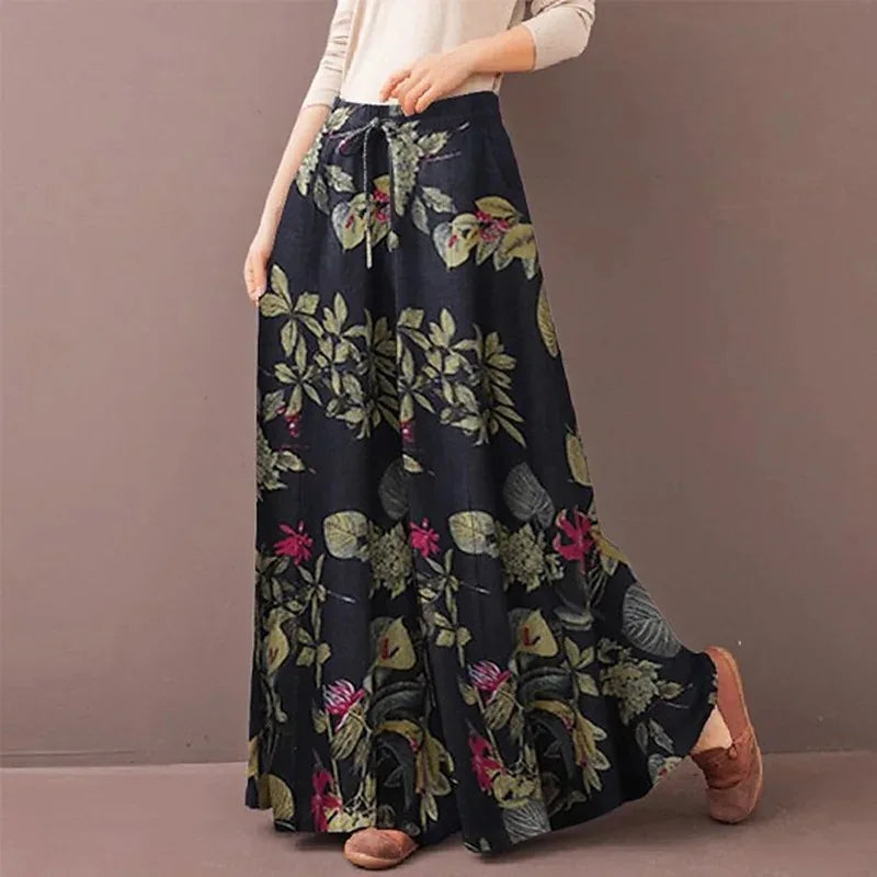 Women Floral Print Wide Leg Elastic Waist Pantalon