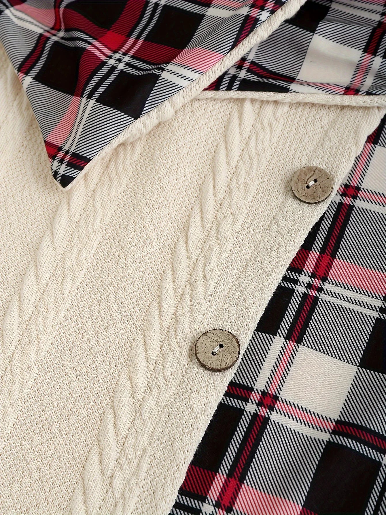 Knitted hooded plaid, fake buckle high waist