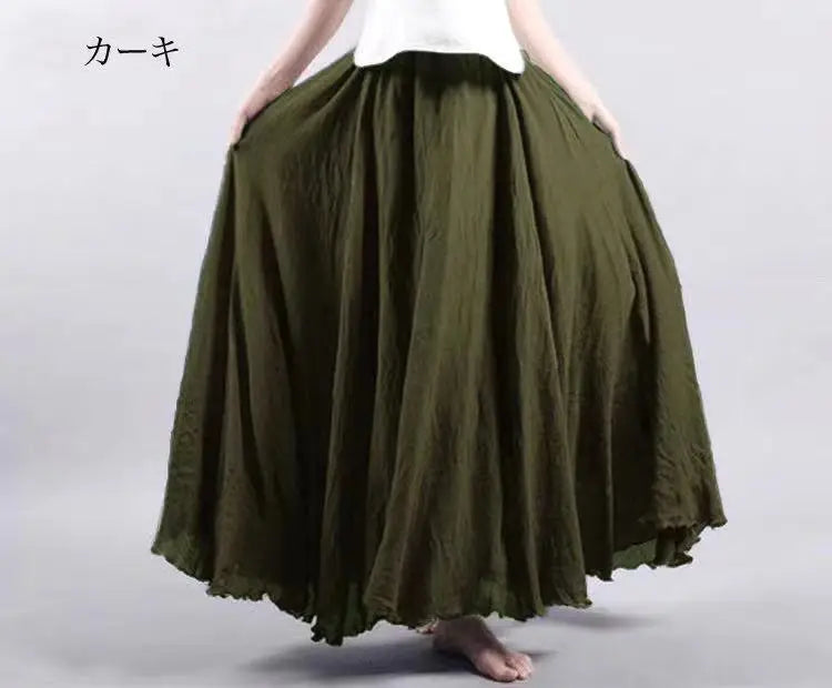 Cotton Linen Dress Elastic Waist Long Skirts