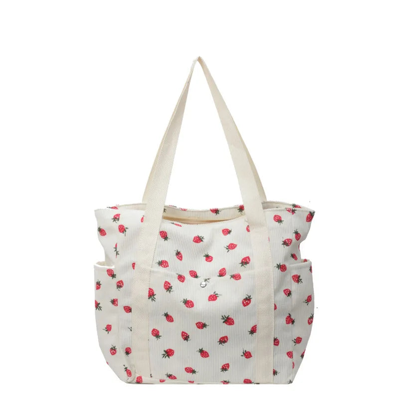 Strawberries Corduroy Shoulder Women's Tote Bags