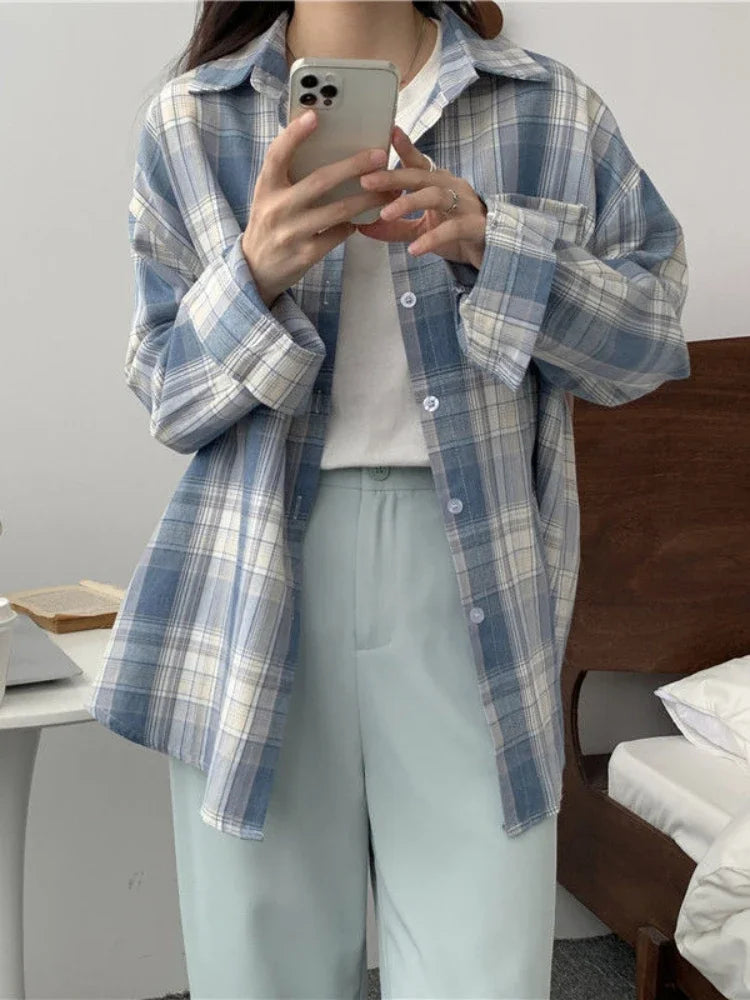 Long Sleeves Mid Length Plaid Shirt