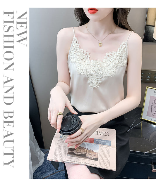 Silk Lace Sleeveless White Female Tank Top