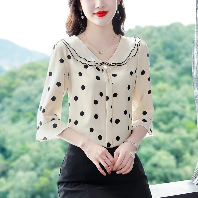 Polka Dots Half Sleeve Ruffles Collar