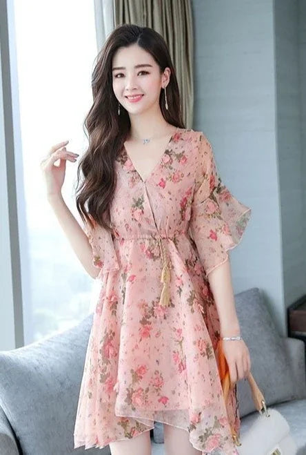 Short Sleeve Flower Floral Mini Dresses