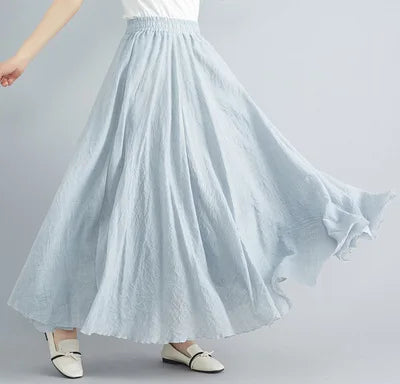 Cotton Linen Dress Elastic Waist Long Skirts