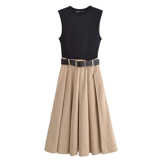 Belt Pleated Midi  Sleeveless Knitted  Sundress