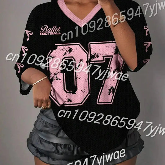 Letter Print V-Neck Short Sleeve  Mesh T-Shirt