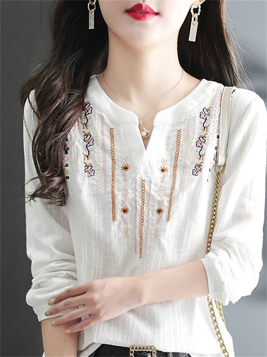 White Blouses V-Neck Long Sleeve