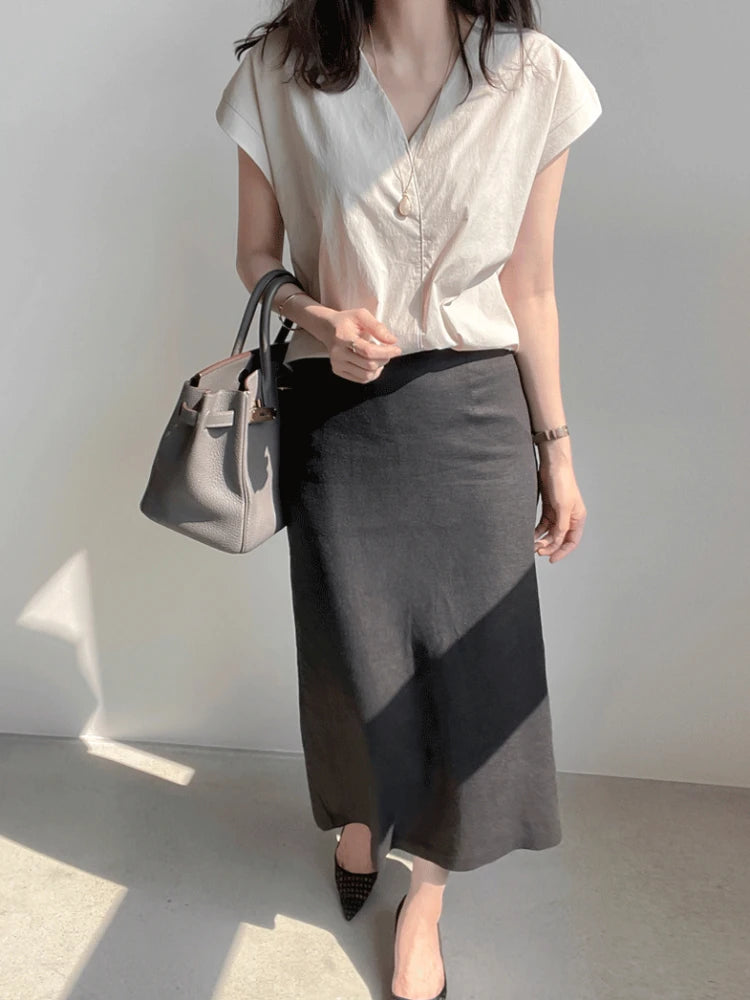 Half Sleeve  Button Up V Neck Blouse