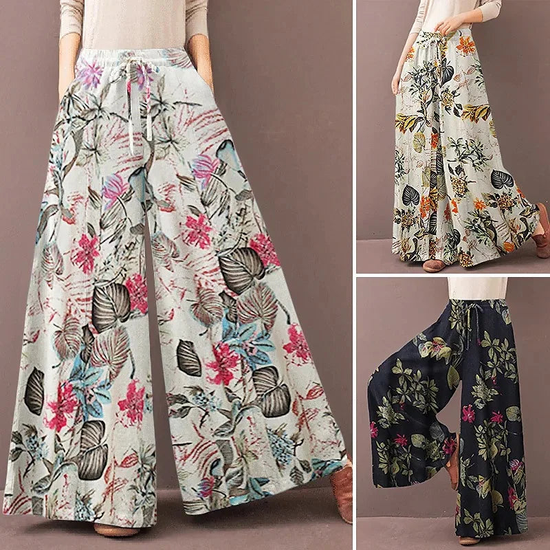 Women Floral Print Wide Leg Elastic Waist Pantalon
