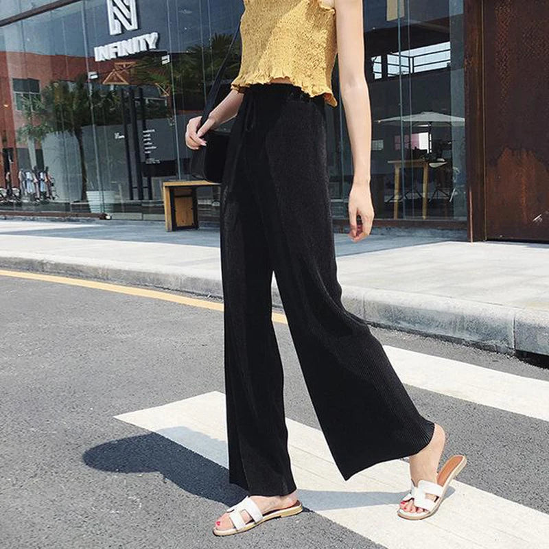 Pleated Ice Silk  Elastic Waist Casual Pants