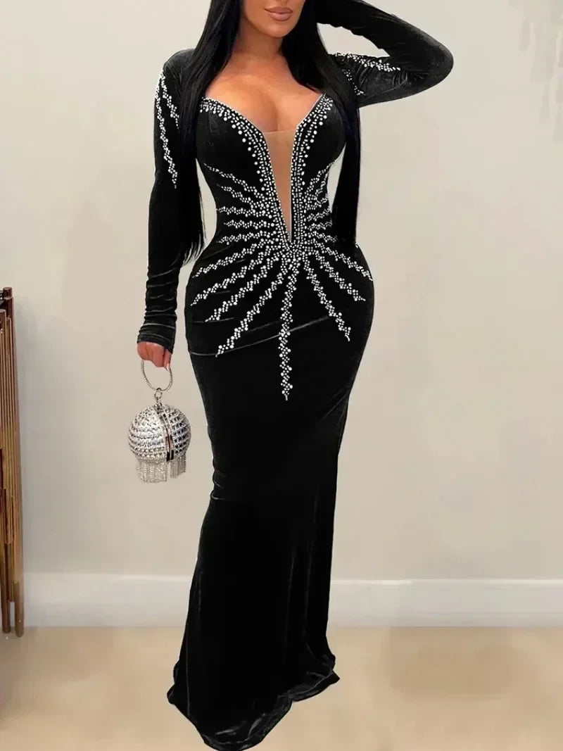Elegant Diamonds Velvet Long  Deep V Evening