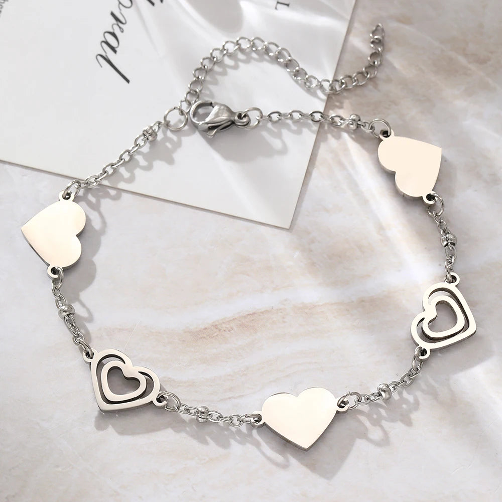 Stainless Steel Bracelets Fresh Double Heart Design