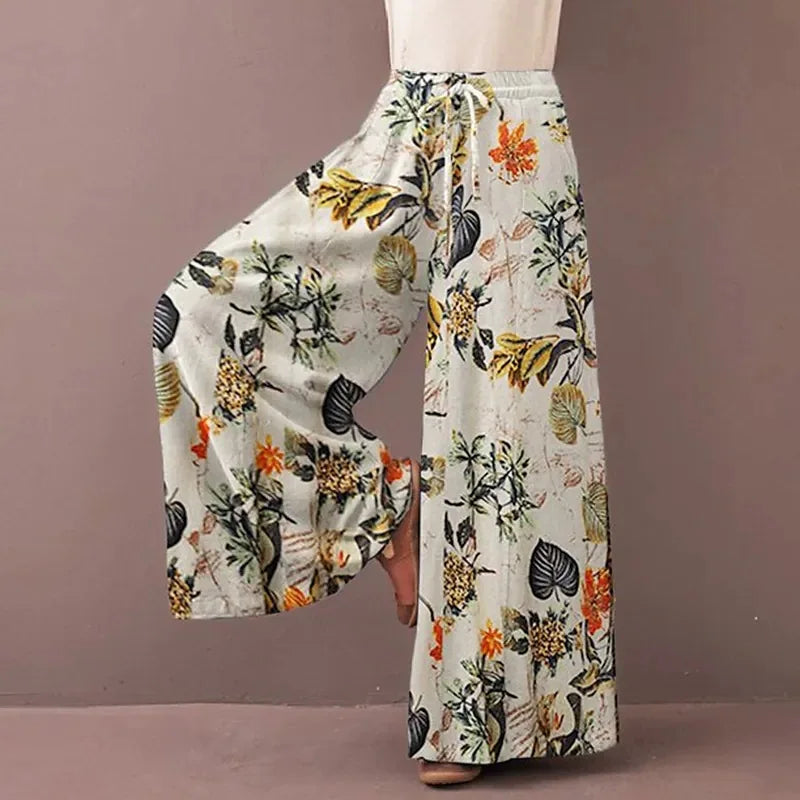 Women Floral Print Wide Leg Elastic Waist Pantalon