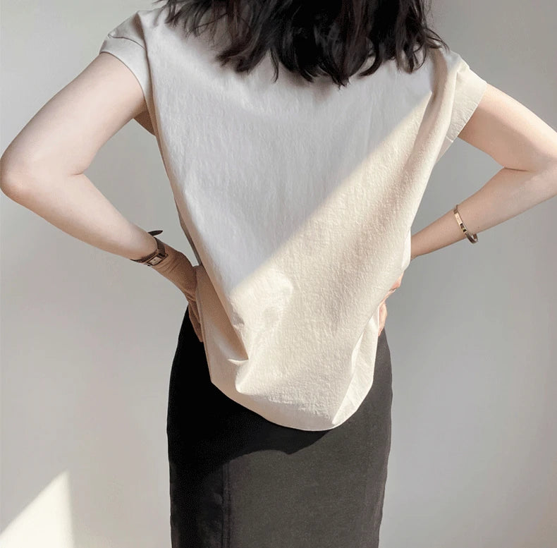 Half Sleeve  Button Up V Neck Blouse