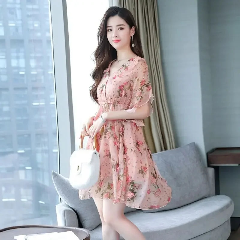 Short Sleeve Flower Floral Mini Dresses