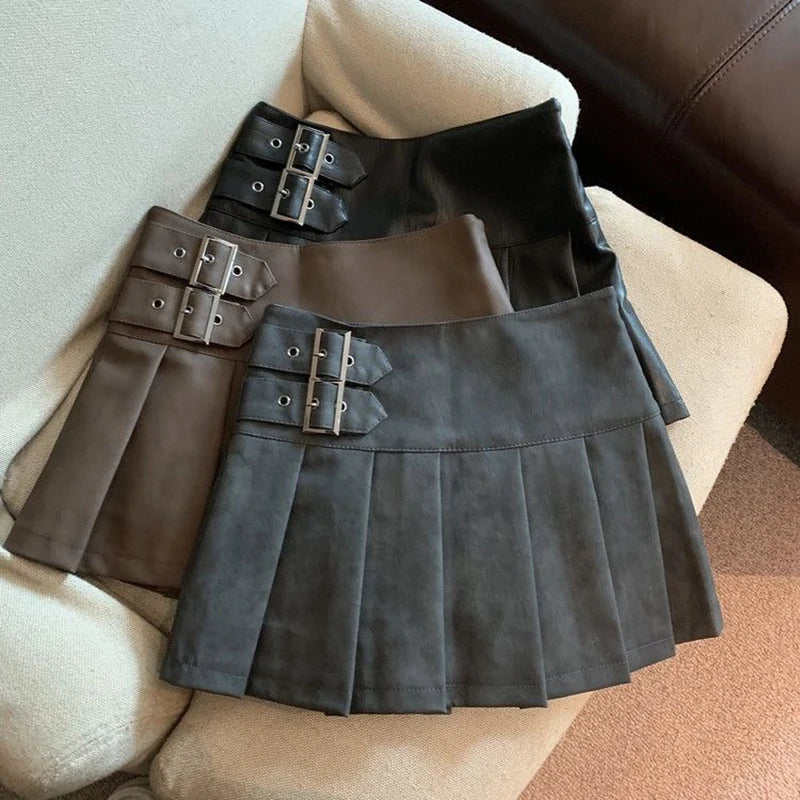 Leather Mini  High Waist Pleated Skirt