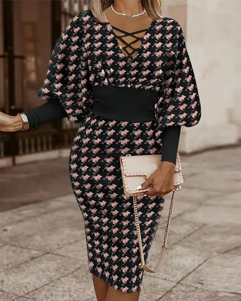 Long Sleeved Slim Fit Dress V-neck Cinched