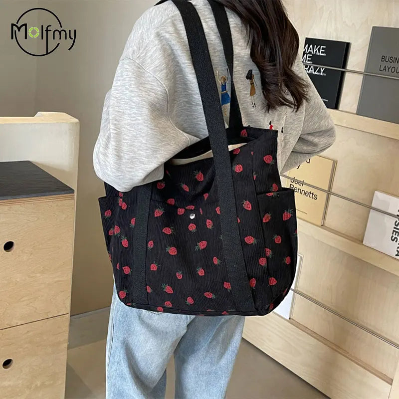 Strawberries Corduroy Shoulder Women's Tote Bags
