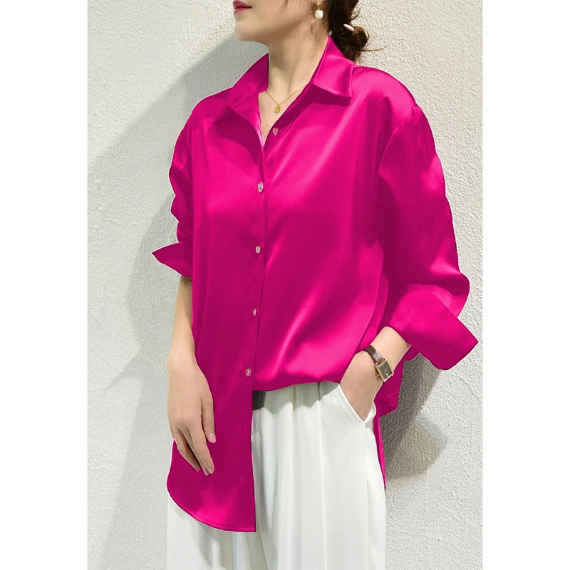 Satin Finish Blouses Long Sleeve Button