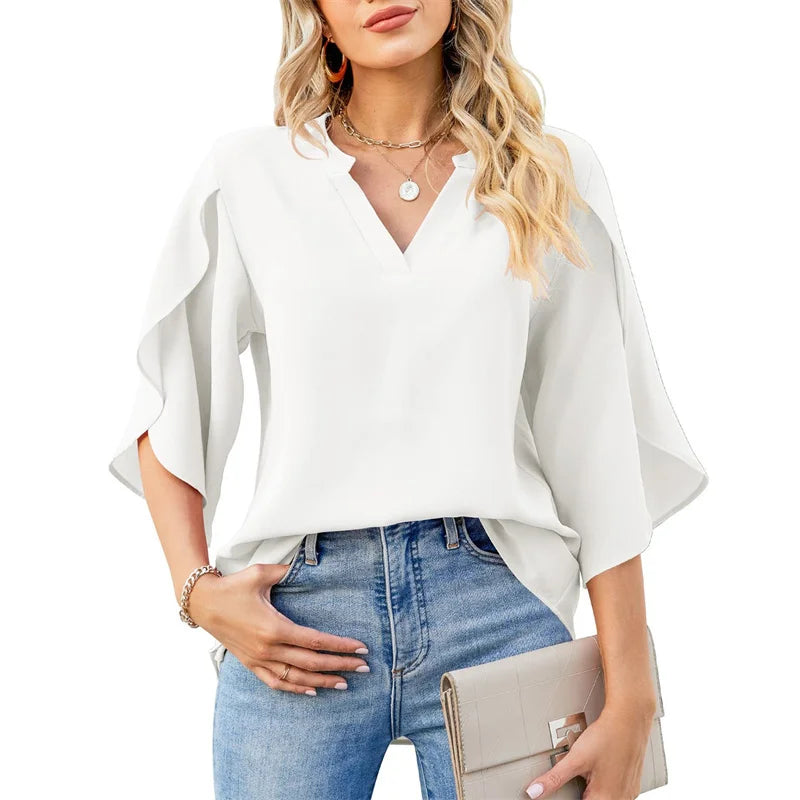 Chiffon Short Flare Sleeve V-Neck Blouse