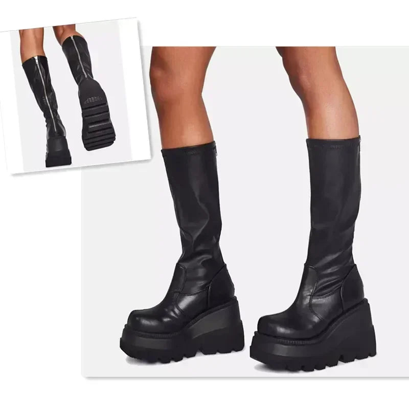 Platform Boots Elastic Microfiber Chunky Heel Mid-calf