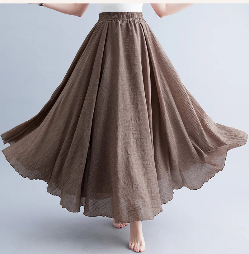 Cotton Linen Dress Elastic Waist Long Skirts