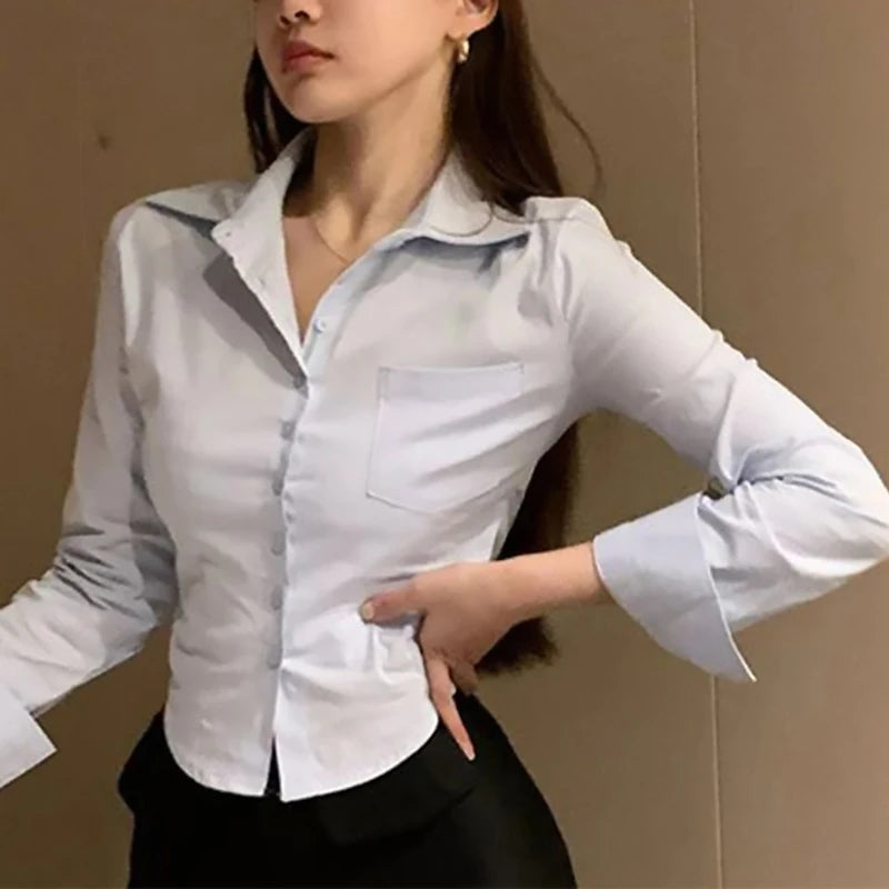 Chiffon Shirt Pocket, Button Lapel Long Sleeve