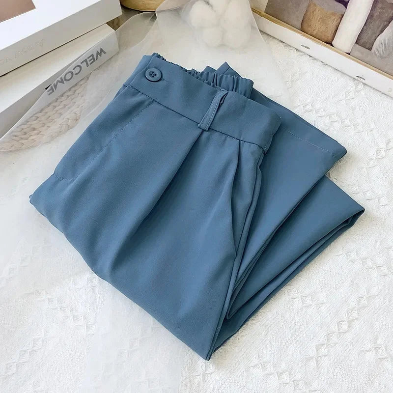 Suit Pants Solid Color Elastic Waist Ankle-Length