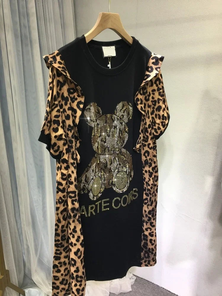 Leopard Print Dress Short Sleeves  Women's Top