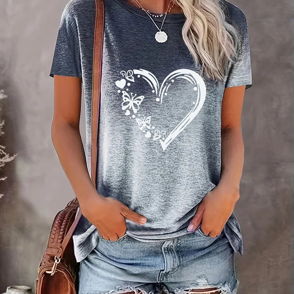 Flower Print Loose Round Neck  Short Sleeve