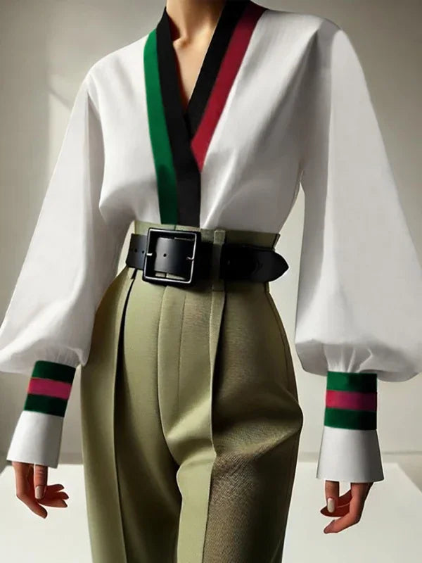 V-neck Blouses Long Sleeves Contrast Color