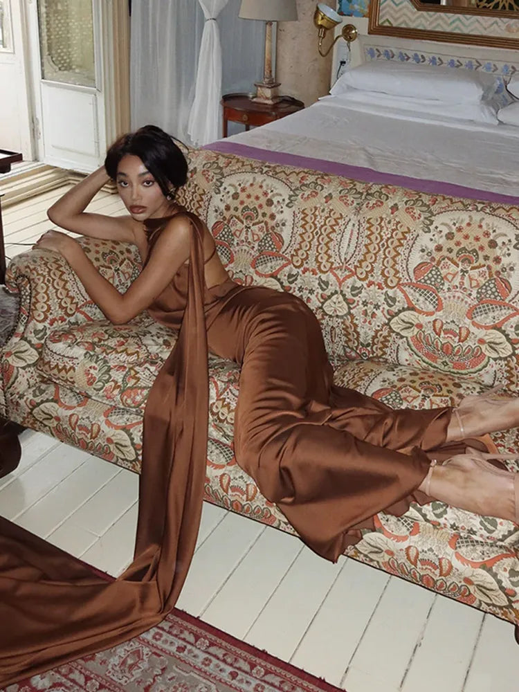 Ribbon Long Satin  Halter Backless Sleeveless Dresses