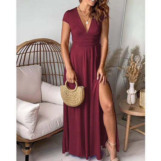 Slit Dress Deep V Neck Short Sleeve