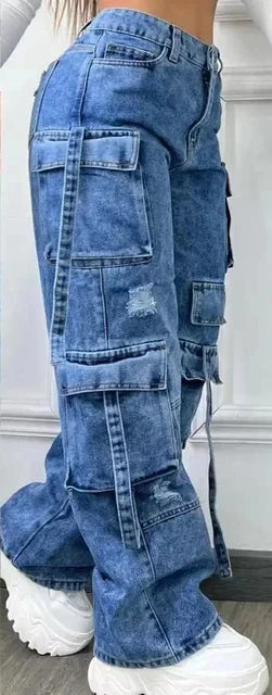 Denim Trousers Solid Color Multi-pocket High Waist