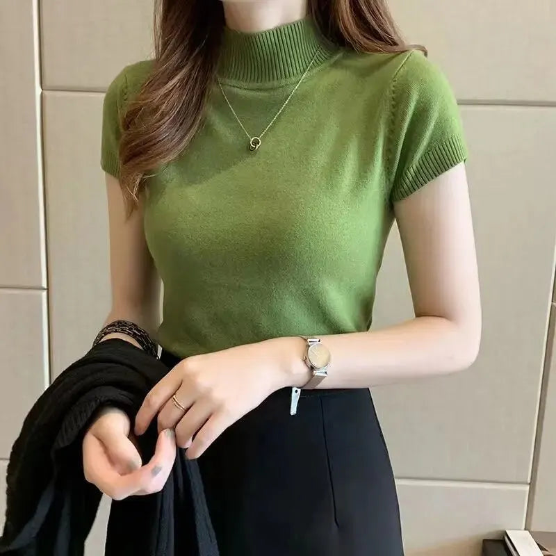Women's Half-High Neck T-Shirt Solid-Coloured