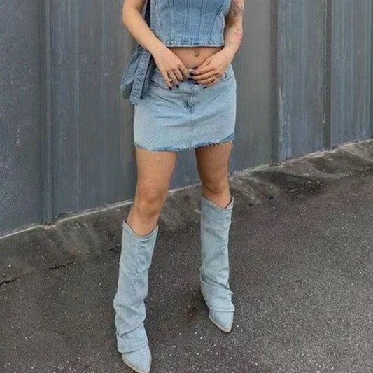 Women Pleats Blue Denim Thigh High Boots