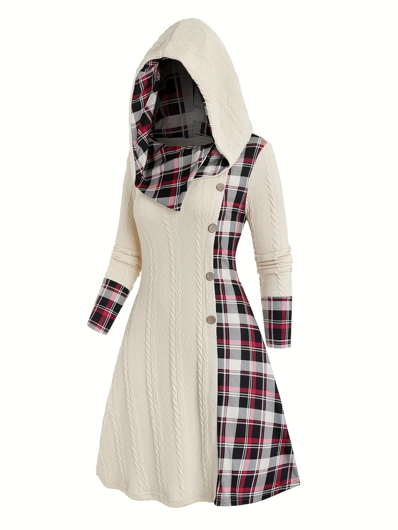Knitted hooded plaid, fake buckle high waist
