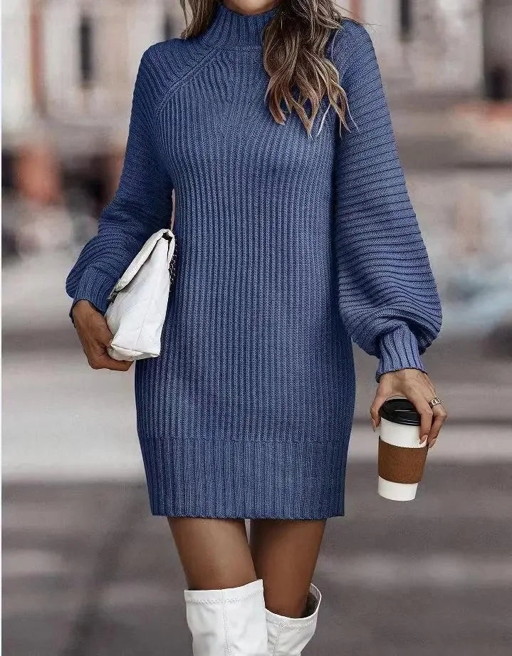 High Neck Long Sleeve Knitted Dress
