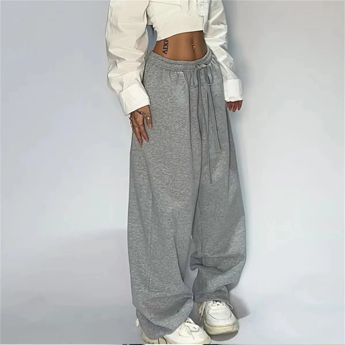 Casual Solid Sweatpants High Waist Lace- Up