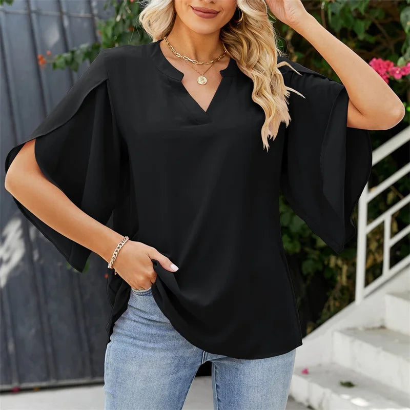 Chiffon Short Flare Sleeve V-Neck Blouse