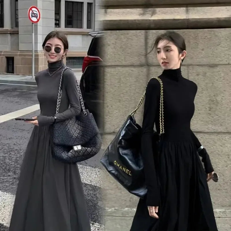 Black Hepburn Style, Gray Turtleneck Dress