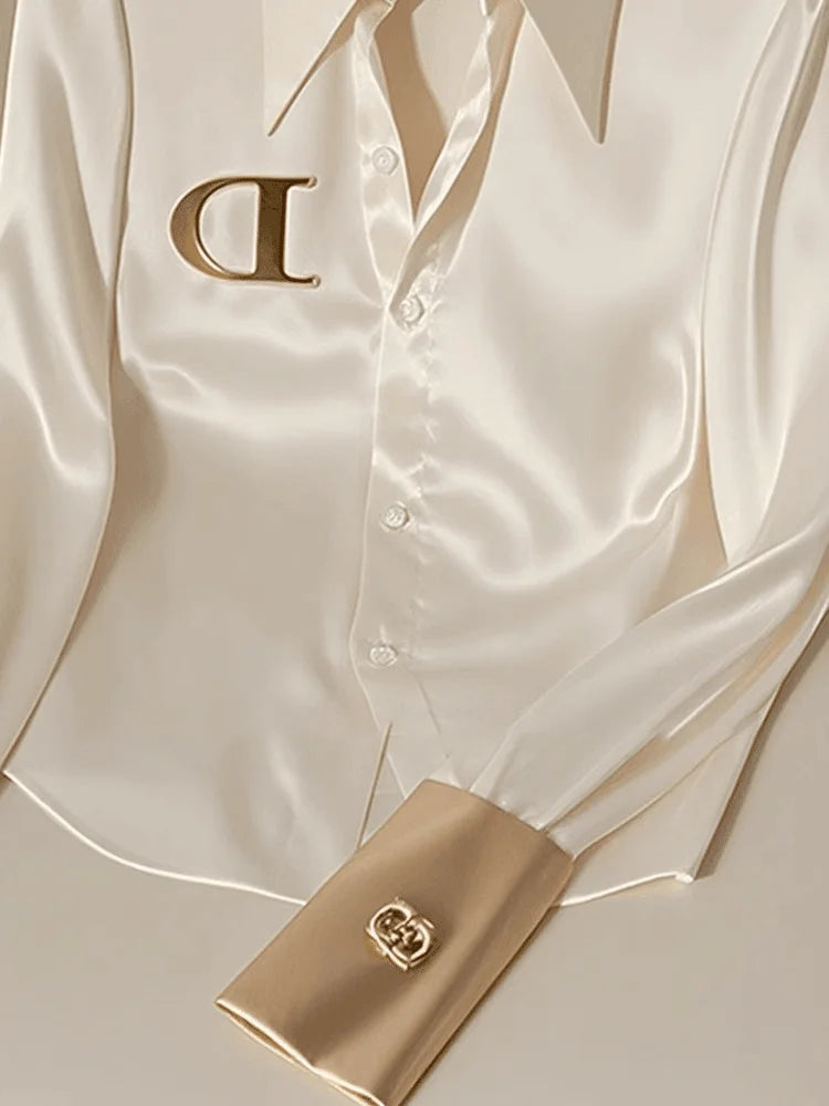 French Women's White Satin Shirt Turn-down Collar